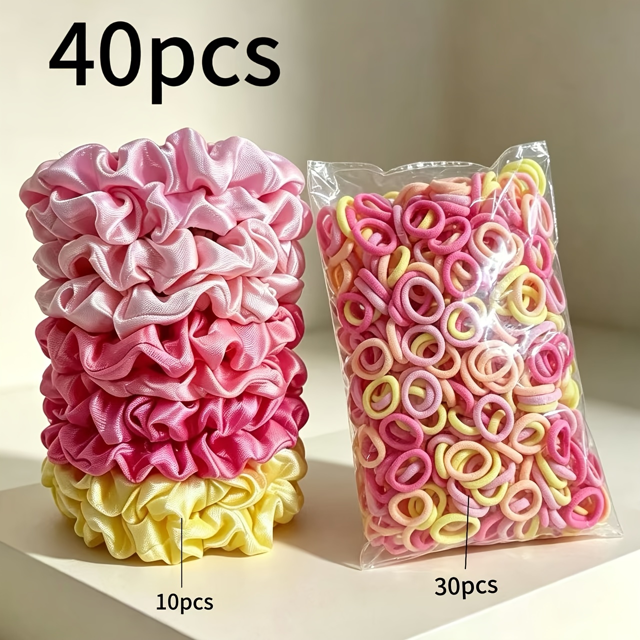 TEMU 40pcs Premium Caramel Yellow And Pink Satin Hair Tie Set, Simple And Versatile For Bun Hairstyles And Low Ponytails, Hair Accessories