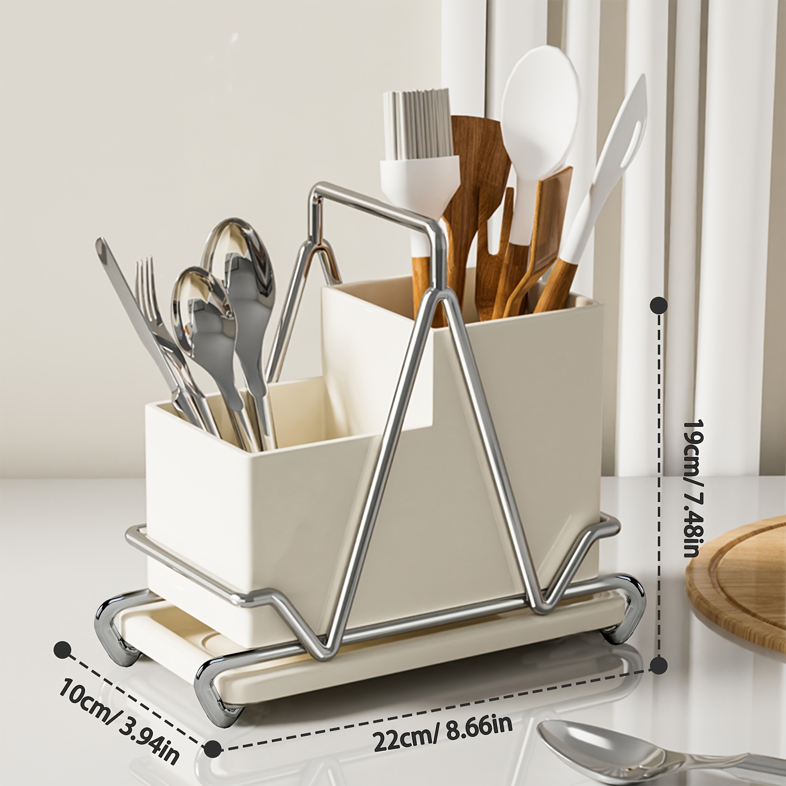 1pc cream white stainless steel utensil holder with   multifunctional kitchen countertop organizer for cooking utensils knives spoons and forks dining room accessory triangular design metal utensil holder kitchen utensils Product details 11