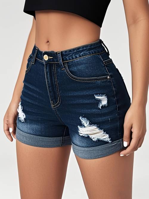 denim shorts with rolled cuffs and hem