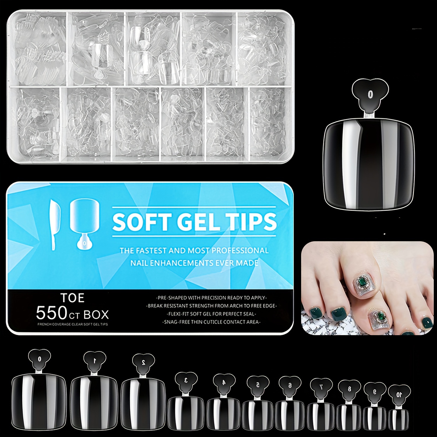 

Soft Gel Toe Nail Tips Set, 550 Pcs Transparent Full Cover Square Short Press-on Fake Toenails In 11 Sizes For Nail Extensions, Home Diy And Nail Salon Use - Pre-shaped Glossy Pure Color Nail Tips