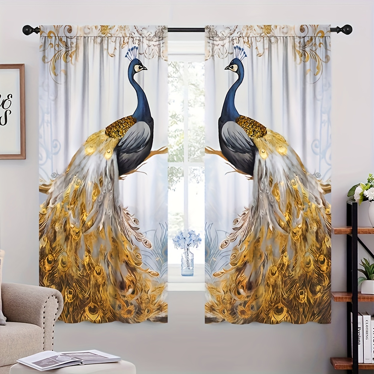 

2pcs Golden Peacock Polyester Light Filtering Curtains, Suitable For Window Rod Pocket Treatment, Bedroom Living Room Study Home Decoration Curtains