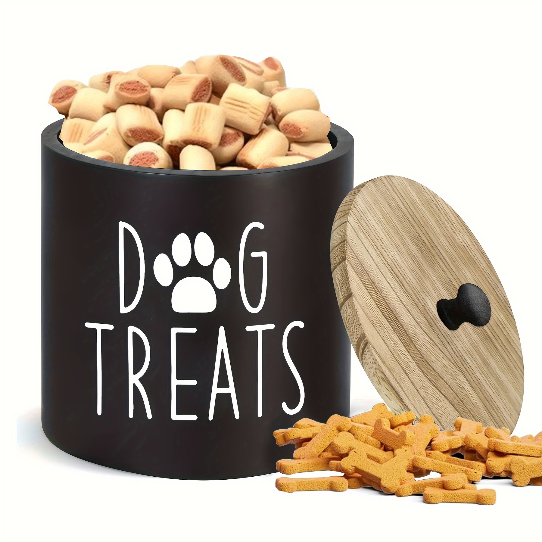 

1pc Wooden Lid Pet Treat Storage Canister, Rustic Black Round Container, Dog Treat Jar, Perfect For Small Dogs & Cats, Secure Lid, Kitchen Counter Organizer