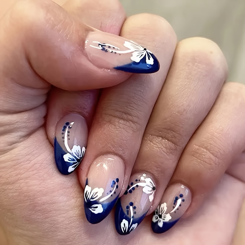 

24-piece Long Almond Shaped Press-on Nails Set, Blue And White Floral Pattern With Geometric Accents, Glossy Finish, Removable Adhesive Nail Tips For Easy Application