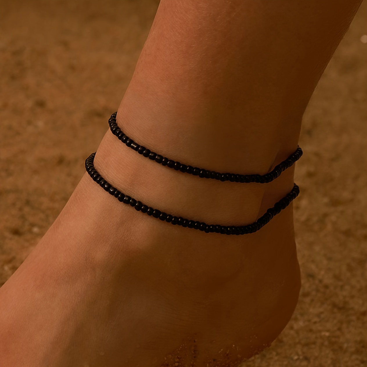 2pcs Black Mini Rice Beads Anklet Set, Boho Style