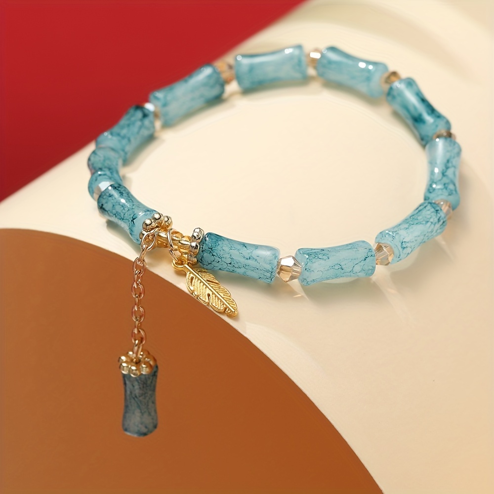 Glass Bamboo Bead Bracelet with Charm Pendant - No Plating