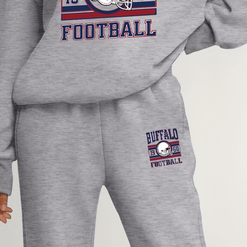 

2pcs Buffalo Football Polyester Sweatshirt And Jogger Set, Long Sleeve Crew Neck With Pockets, Knit Fabric, Fall/winter Sportswear For Women