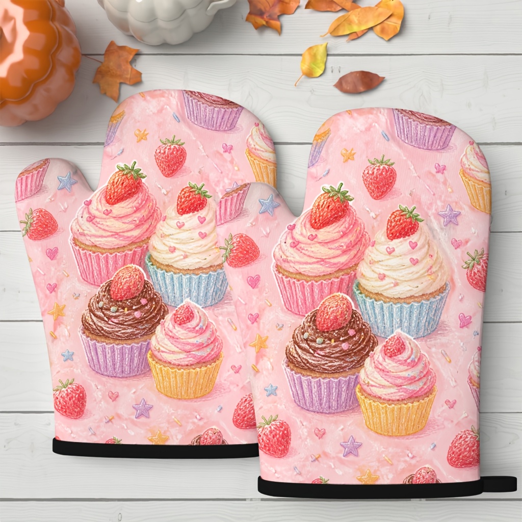 TEMU Set Of 2 Cupcake Silhouette Pattern Oven Mitts, , Suitable For Kitchen, Baking, And Home Use, Sophisticated Design, Fine Texture, Simple And