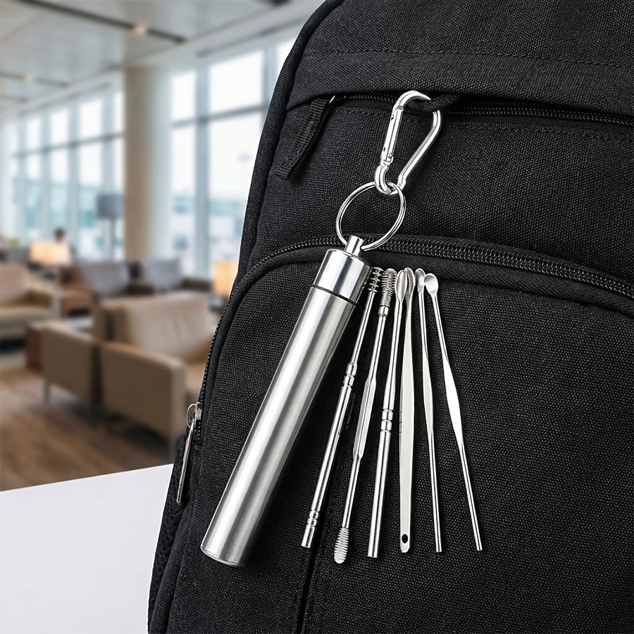 TEMU Set Of 7 Stainless Steel Tools For Earwax Removal - Includes A Keychain Ear Pick, Designed With Spiral And Spring Tips, Convenient And
