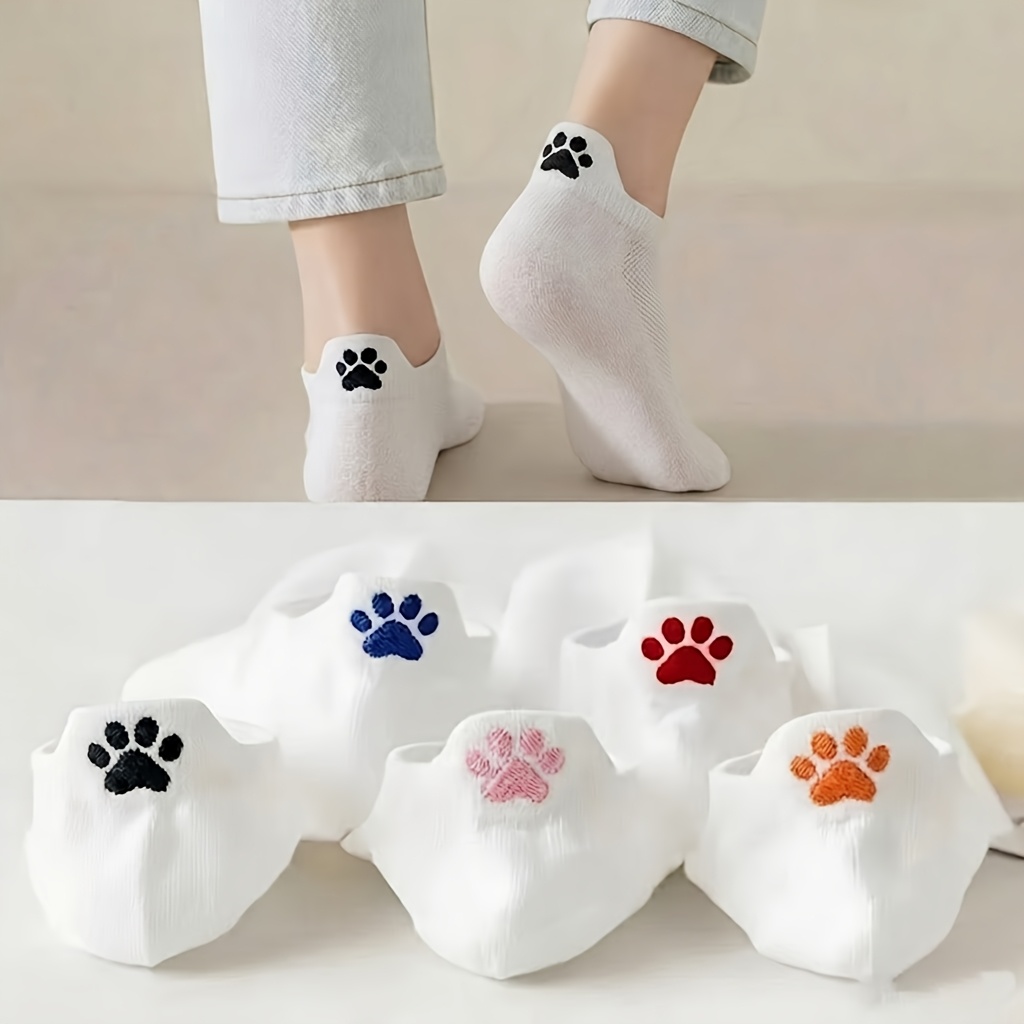 Image of 5 Pairs Women's Cute Cat Paw Boat Socks Spring Summer Mesh Shallow Mouth Socks Colorful Cat Paws Optional Thin Comfortable Breathable Socks Short Socks Invisible Socks