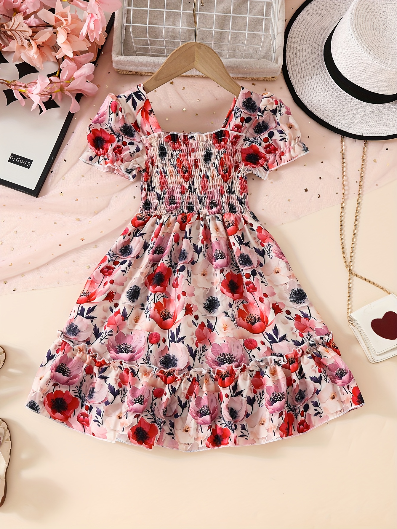 Girls' Summer Floral Print Dress Soft Comfortable Fabric, Short Sleeve,  Sleeveless Non-Stretch, Floral Pattern Summer, Summer Dress|Floral