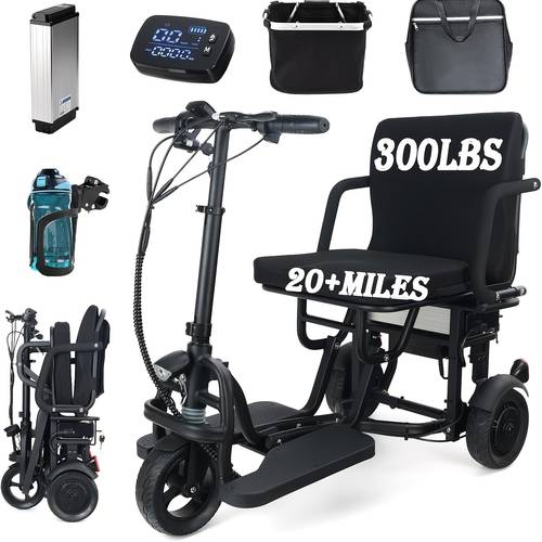 patinete elétrico de mobilidade dobrável para e idosos, patinete de viagem leve de 3 rodas, de até 20 mi/ 32 km, carga de 300 lbs, bateria removível, farol led, cesta e -