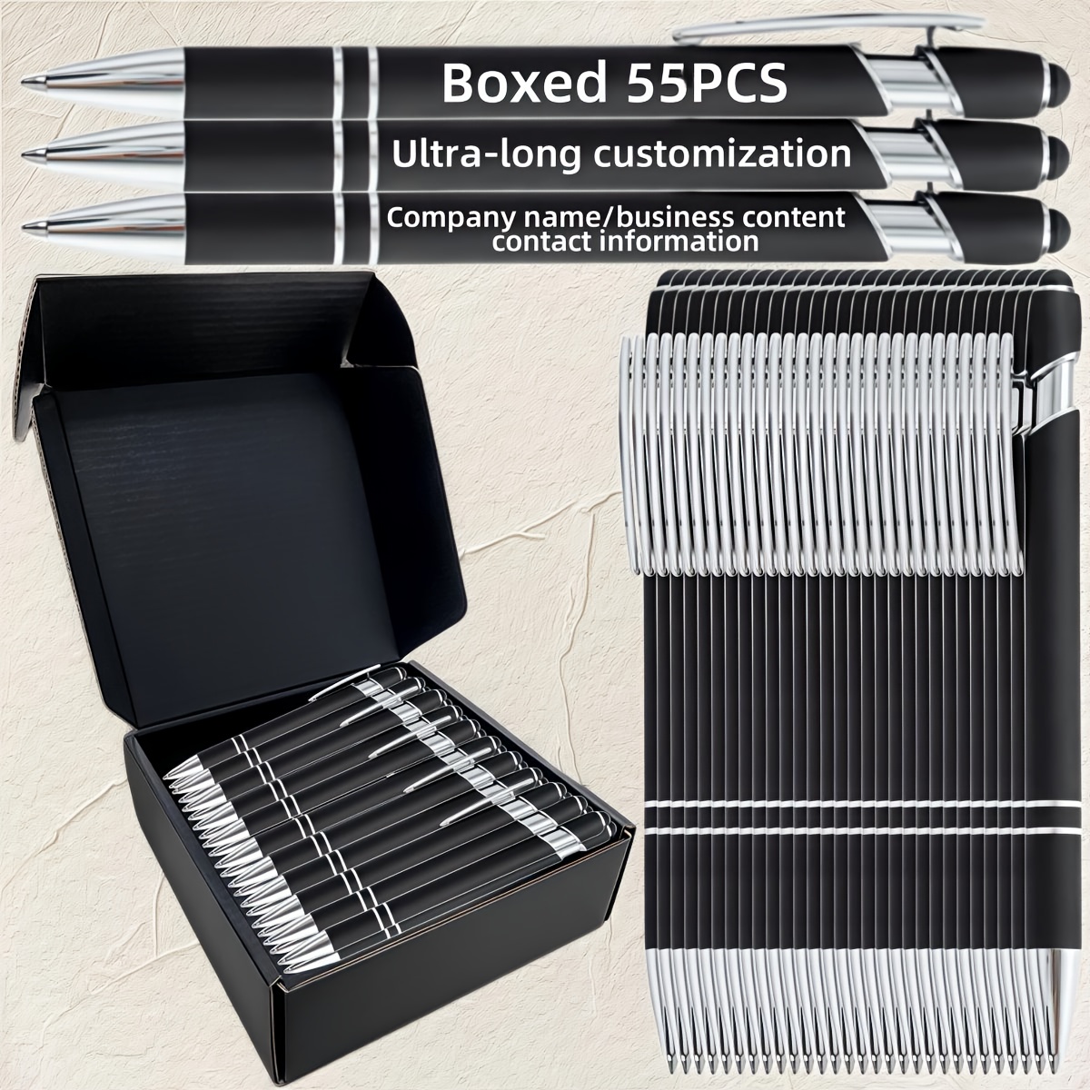 TEMU Karton mit 55 individuell beschrifteten Kugelschreibern mit Stylus, Corporate Promotion, Werbemarketing, Messegeschenke, leichtes einziehbares