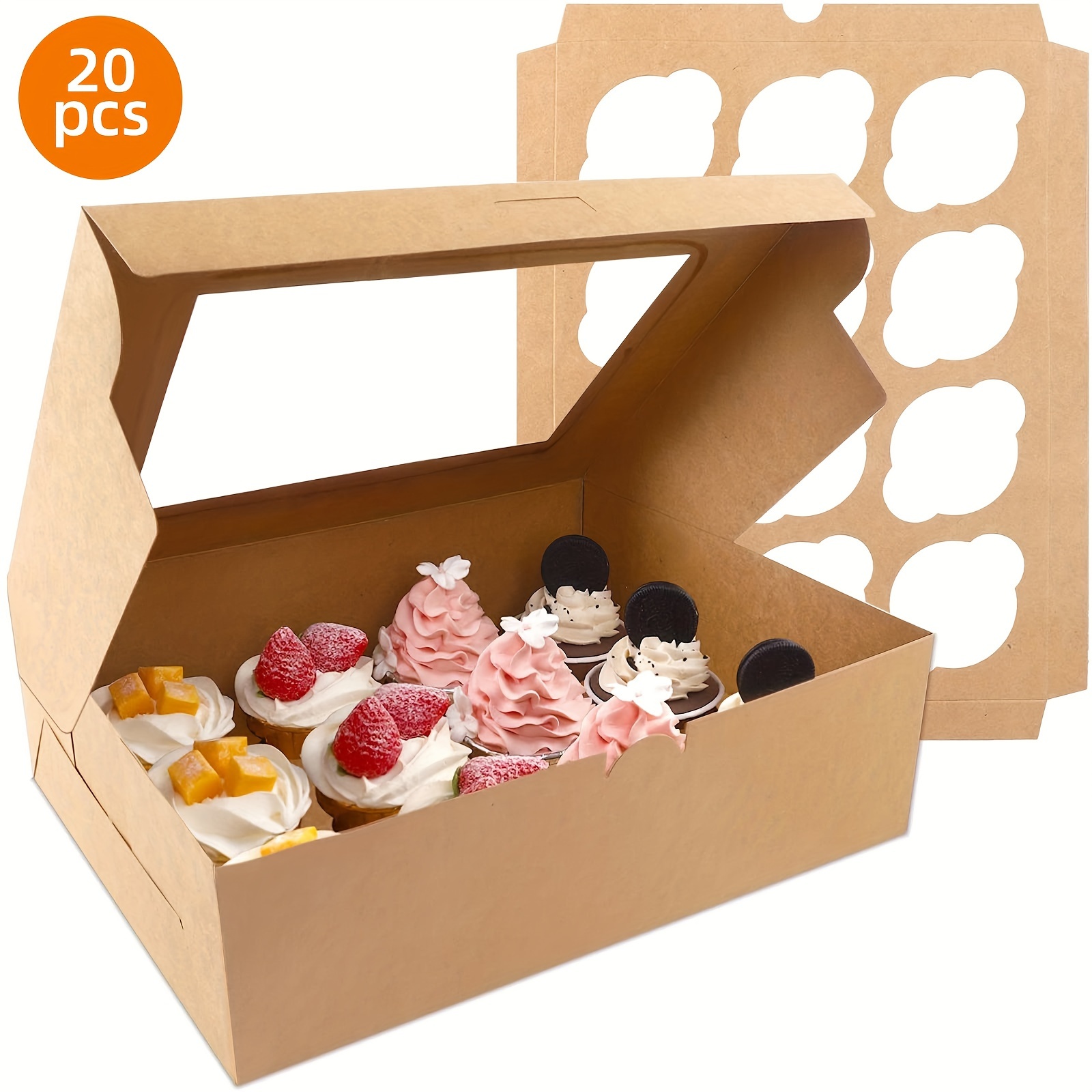 

12 Count X 20 Sets Cupcake Boxes, 13 X 10 X 3.5 Inches Brown Cupcake Containers, Kraft Bakery Carrier Boxes Holders With Windows And Inserts To Hold Cupcakes, Muffins And Pastries