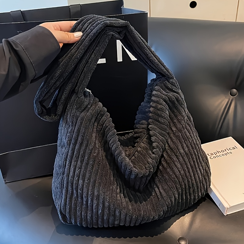 

Sac à Bandoulière en Velours Rayé Confortable - Couleur Unie Décontractée, Zippé, avec Bandoulière Fixe - pour les Quotidiens, Disponible en Crème/Noir, Sac Bandoulière