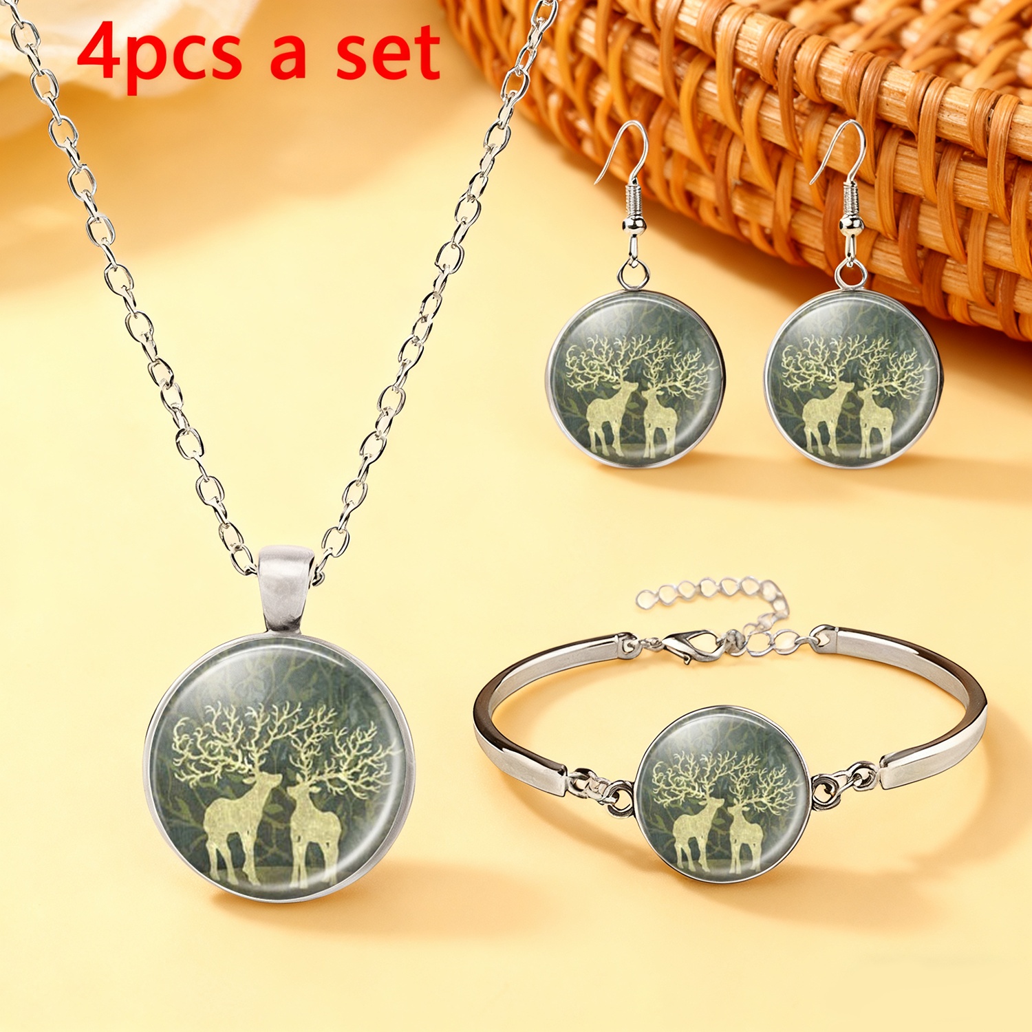 TEMU 4pcs White Jewelry Set: 1 Necklace, 1 Bracelet, 1 Pair Of Stud Earrings. The Set Features With Intricate Antlers In A Circular Pattern Against A