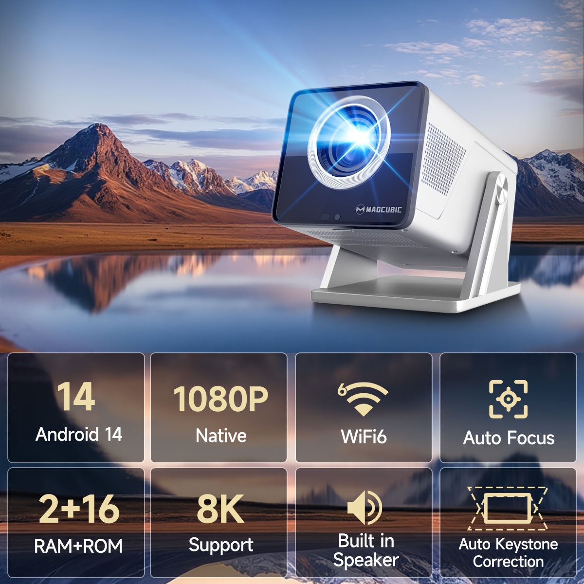 Magcubic X7 Smart Projector - Native 1080p Support 8k - Auto Focus & Keystone Correction - Wifi6 Bt5.4 Connection - 14 - Auto Obstacle Avoidance & Curtain Recognition - Projector