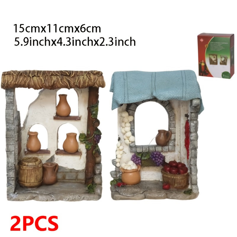 TEMU 2pcs 15cm Realistic Miniature Vintage Dollhouse Scenes - Suitable For / Christmas Decorations, Durable Plastic/resin Buildings With Mini Rooms,