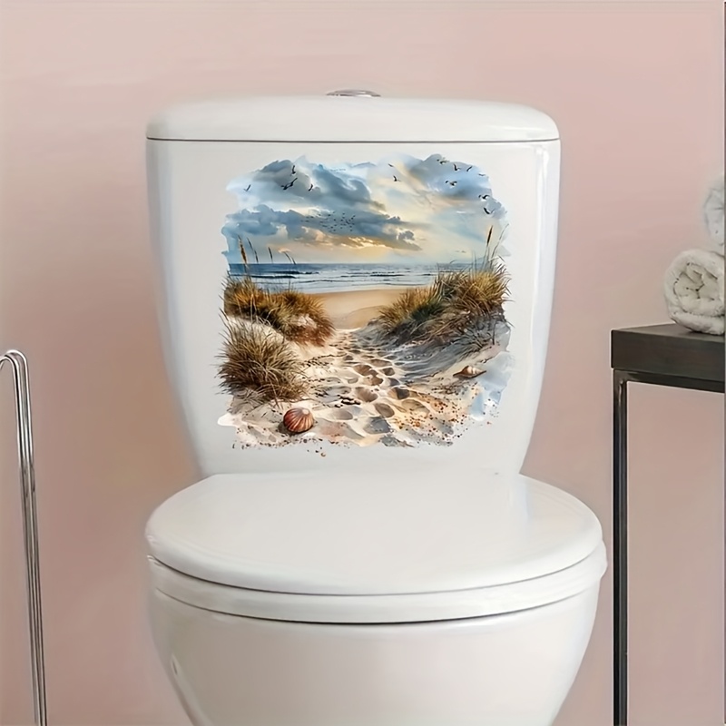 Image of Self-adhesive Removable Pvc Toilet Wall Decal - Beach Sunset Coastal Scene With & Footprints, Semi-matte Bathroom Sticker For Plastic Surfaces, & Stick Home Decor, Beach Theme Bathroom Decor
