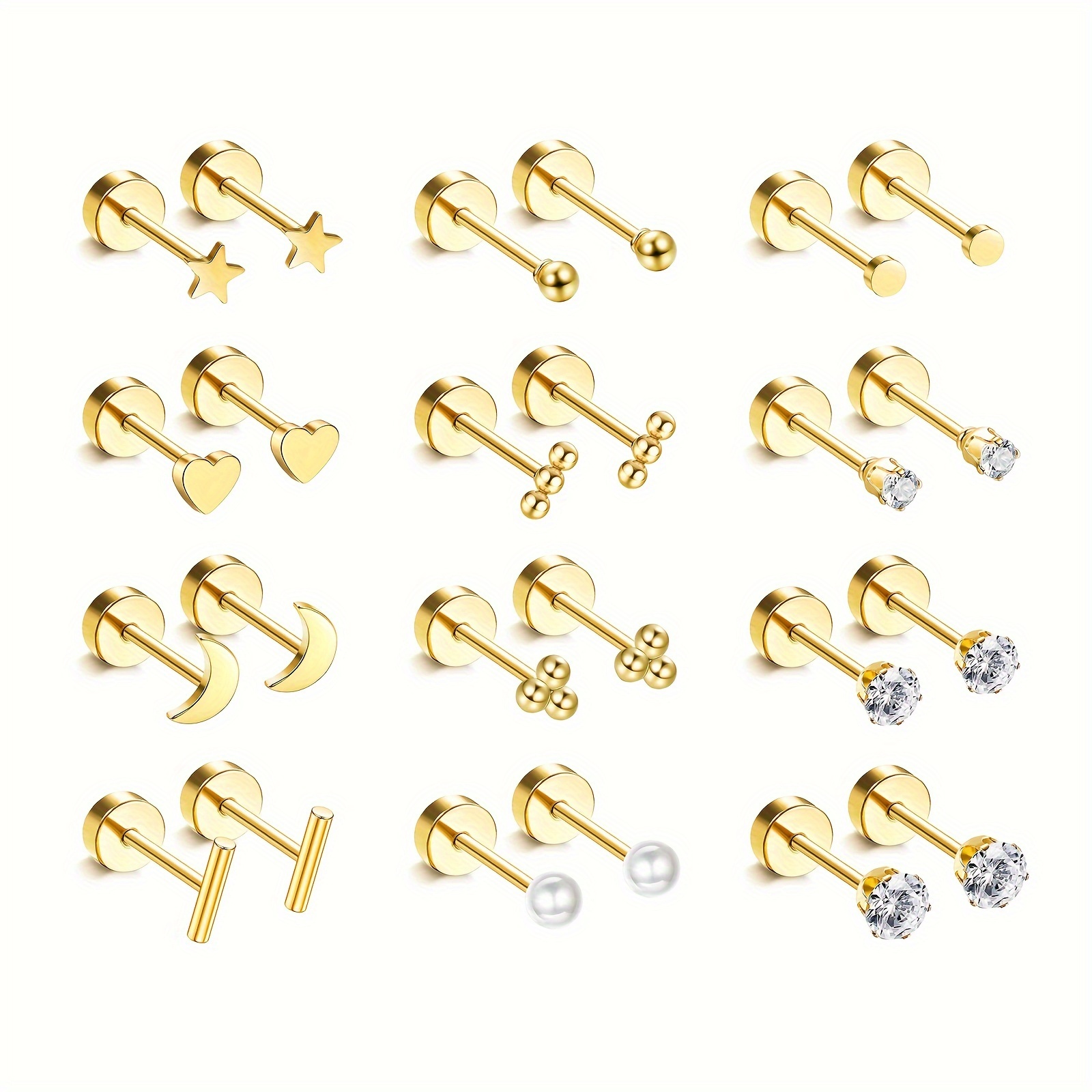 

24pcs Elegant & Cute 20g Hypoallergenic Stainless Steel Stud Earrings Set - Of Golden Designs With Gemstones, Pearls & Rhinestones - & Parties, Novelty Earrings