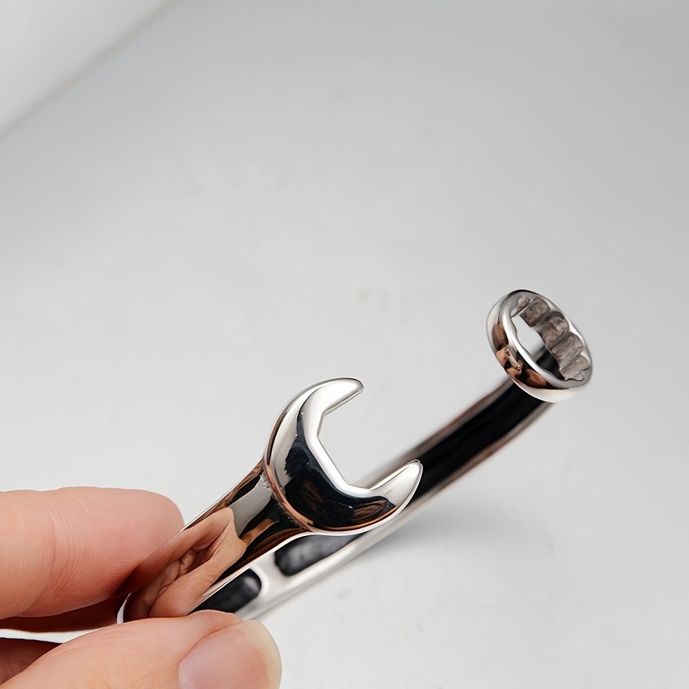 2pc Heavy-Duty Textured Stainless Steel Wrench Bracelet & Ring Set