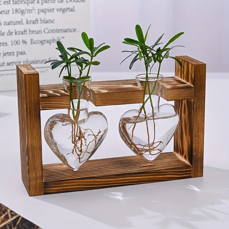 1 pack hydroponic plant terrarium love heart vase with wooden stand indoor hydroponic plant propagation station for home office garden decoration gift for flower pot lovers details 4