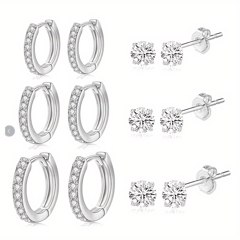 

12pcs Silver S925 Sterling Silver Zirconia Simple Fashion Hypoallergenic Earrings Ear Stud Set Daily Commuting Versatile Gift Set For Women And Girls Holiday Gift Set