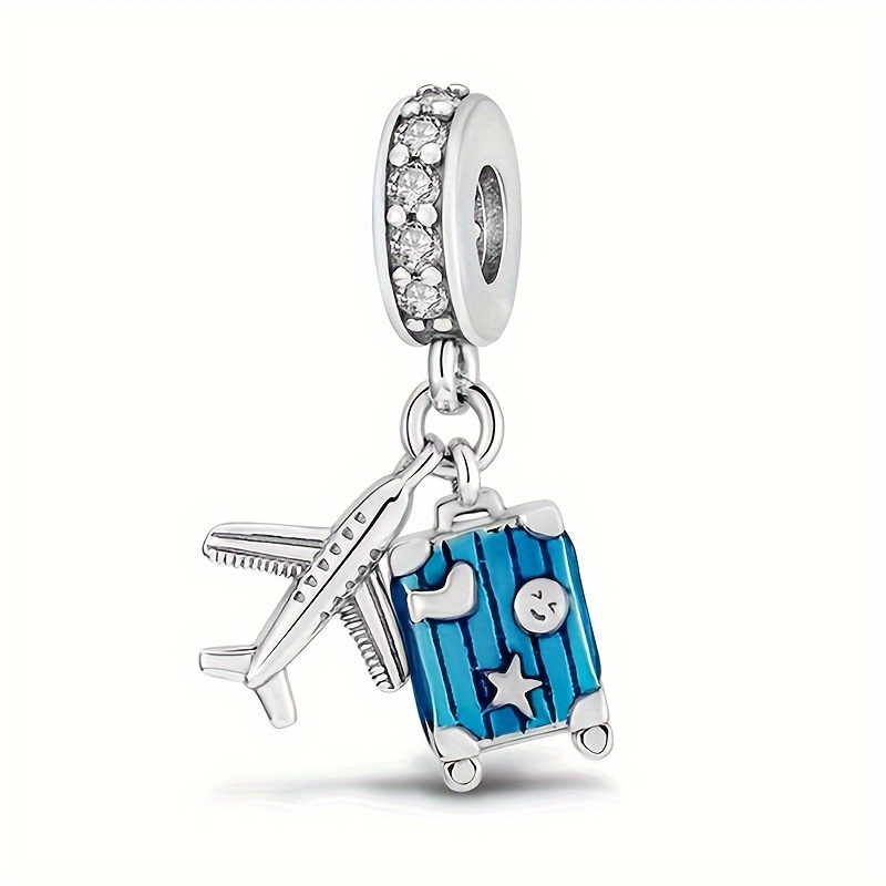 

1pcs Fashion Blue Suitcase And Airplane Charm Pendant, Zinc Alloy Dangle With Rhinestone For Bracelet Necklace Diy Jewelry Crafting