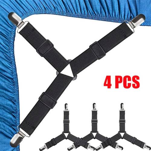 4er-pack schwarze dreieck-bett bänder, verstellbare halter mit einfacher installation, gestrickte matratzen-eckhalter, fleckenreinigende -festbeschläge mit greiferclips