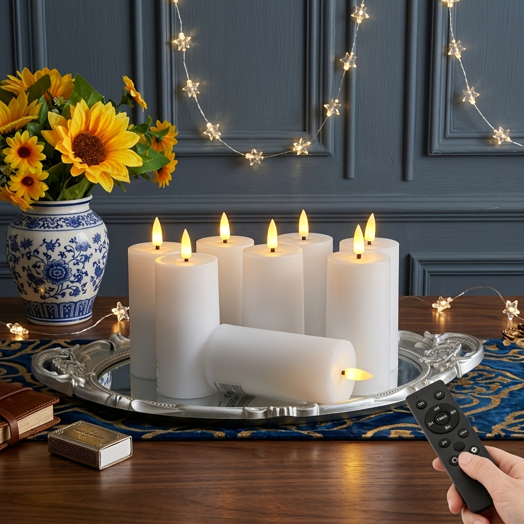 valentines day   version 8pcs 4 inch led realistic pillar candles with warm white   tip wicks remote control timer flameless flickering battery powered ambient candles valentines day themed gift