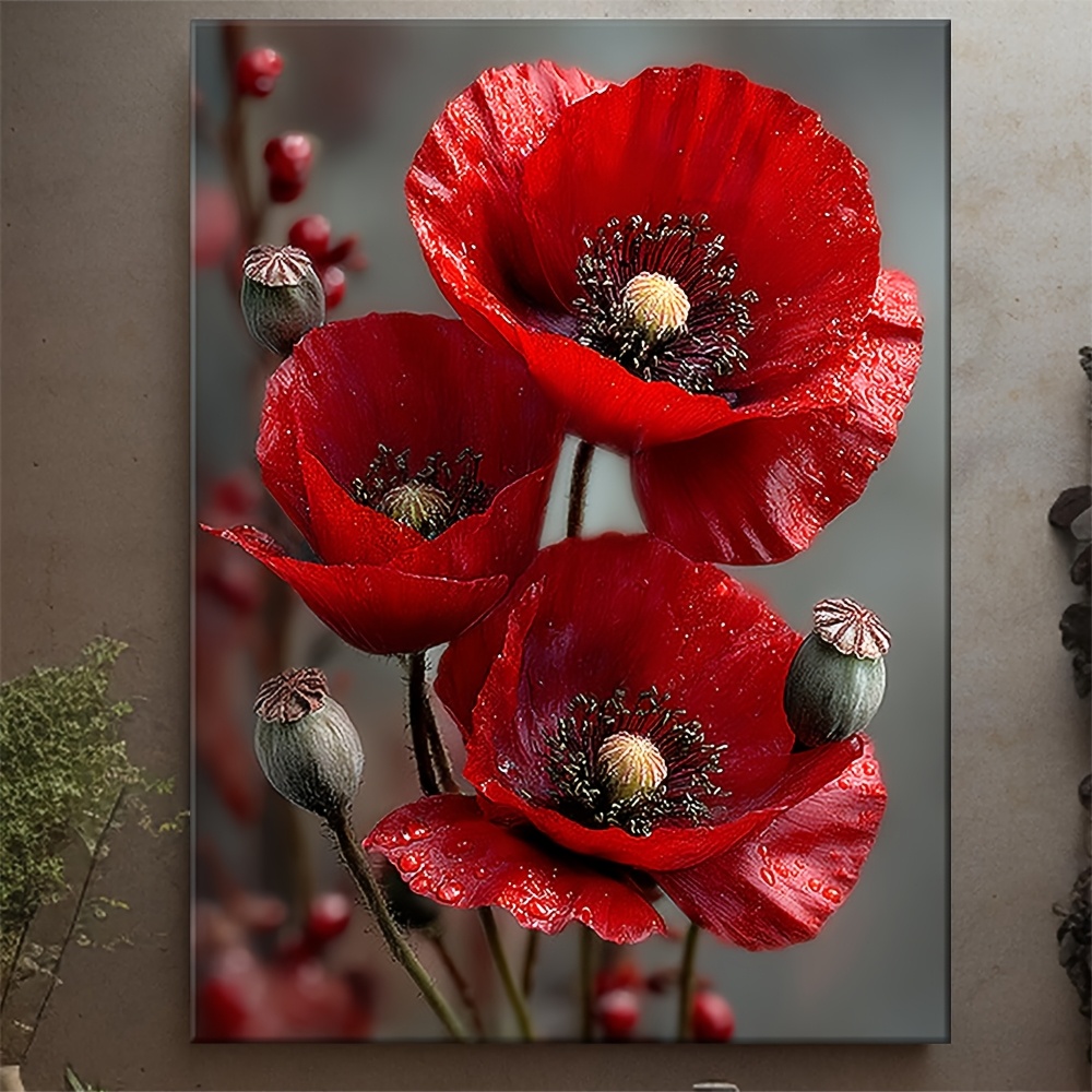 TEMU 2d Flat, 1pc 30.48x40.64cm Red Blooming Poppy Flowers Canvas Print With En - 3d Effect, Design For Home Decor, Wall Art, Or Tabletop Display,