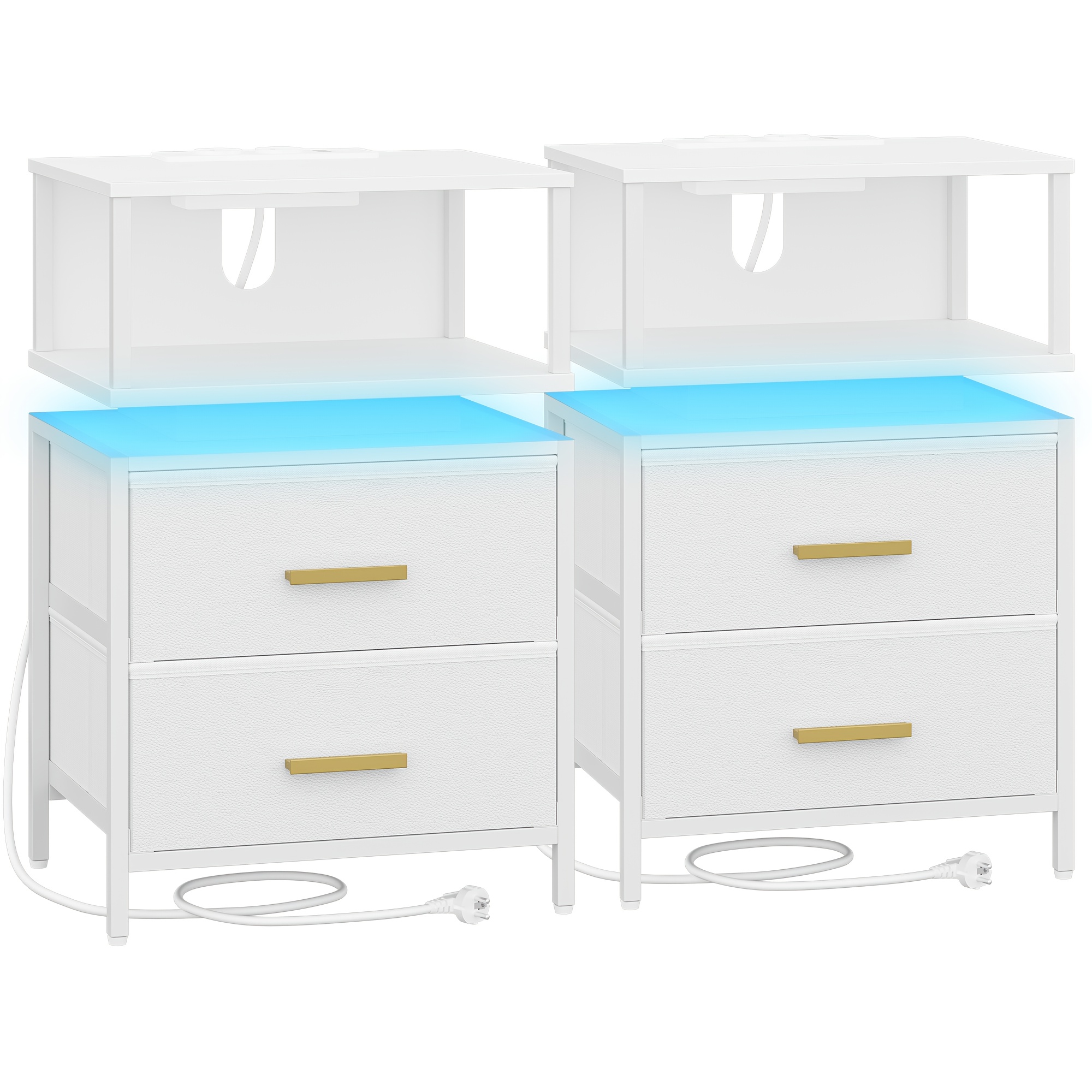 Image of Bedside Table, Set Of 1 , Side Table, Side Table With 2 Drawers And Shelves Upholstered In Fabric, Bedroom Nightstand, Suitable For Bedroom, Living Room, , 30 X 40 X 60.5cm, White