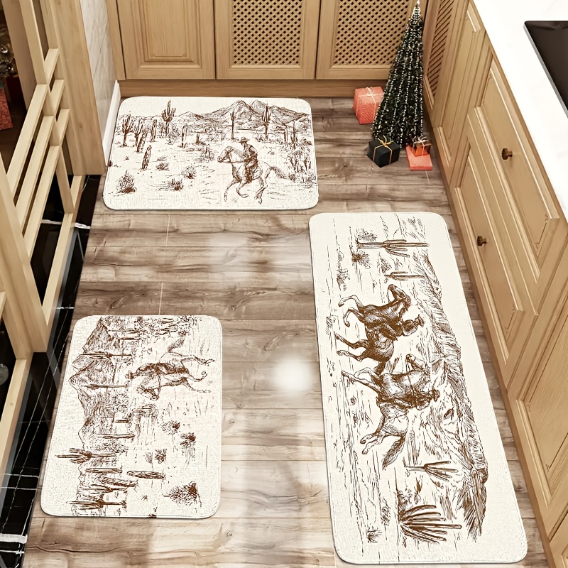 

2/3pcs Western Cowboy Kitchen Rug Set, Non-slip Stain Resistant Lightweight Machine Washable Polyester Knit Mats For Sink, Bedroom, Living Room, Dining, Bathroom - Rectangular Cowboy Themed Floor Mats