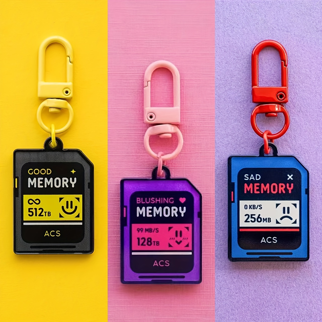 [2d Flat] [2d Flat] 3pcs Stylish Acrylic Camera Memory Card Keychain - 32gb/64gb/128gb/256gb/512gb/1tb Storage Options, Black With Yellow Carabiner Clip, Great For Car Keys, Bags And Gifts For Him