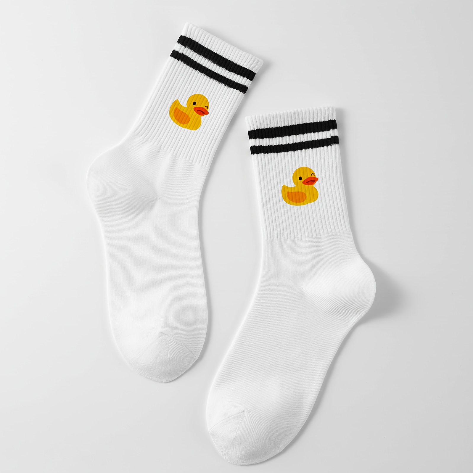 Image of 1 Pair Of Cute Duck Print Mid-calf Socks – White With Black Striped Cuffs, Soft And Breathable Ribbed, And Adorable , Suitable For And Women, Ideal For Daily Wear, Gifts, And Home Use