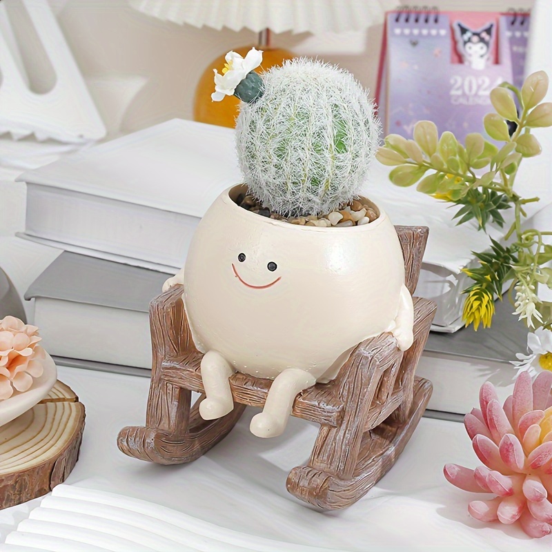 

Resin Rocking Chair Plant Pot - Cute Smiling Face Succulent Planter For Indoor Outdoor Garden Patio Decoration