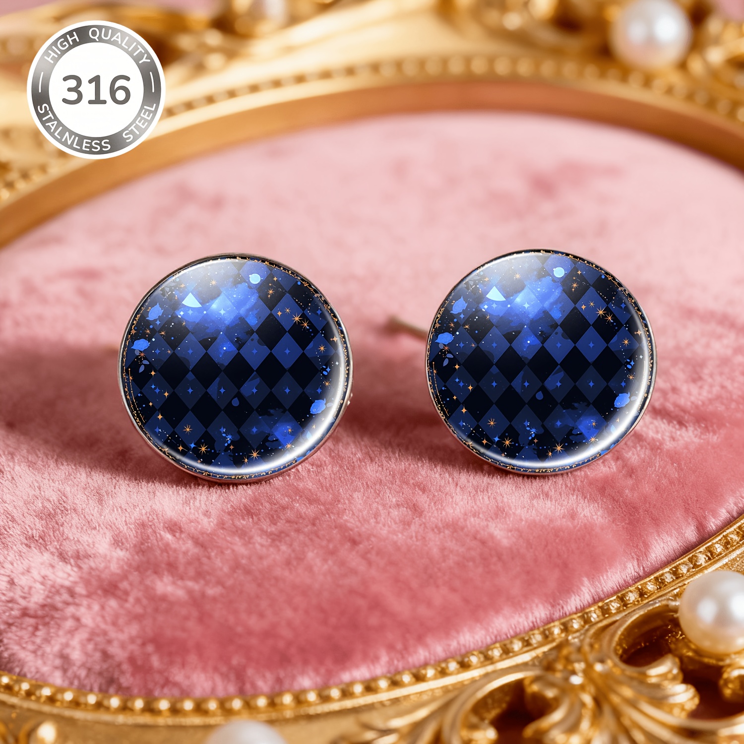 2pcs No-Drill Round Glass-faced Women's Earrings Set, Astronomical Design