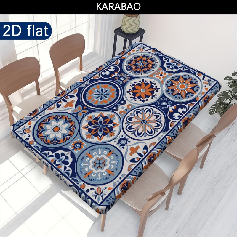 TEMU 1pc Elastic Outdoor Tablecloth With Vibrant Floral Pattern - Durable Polyester Rectangular Table Cover For Camping, Picnics, Garden Parties -