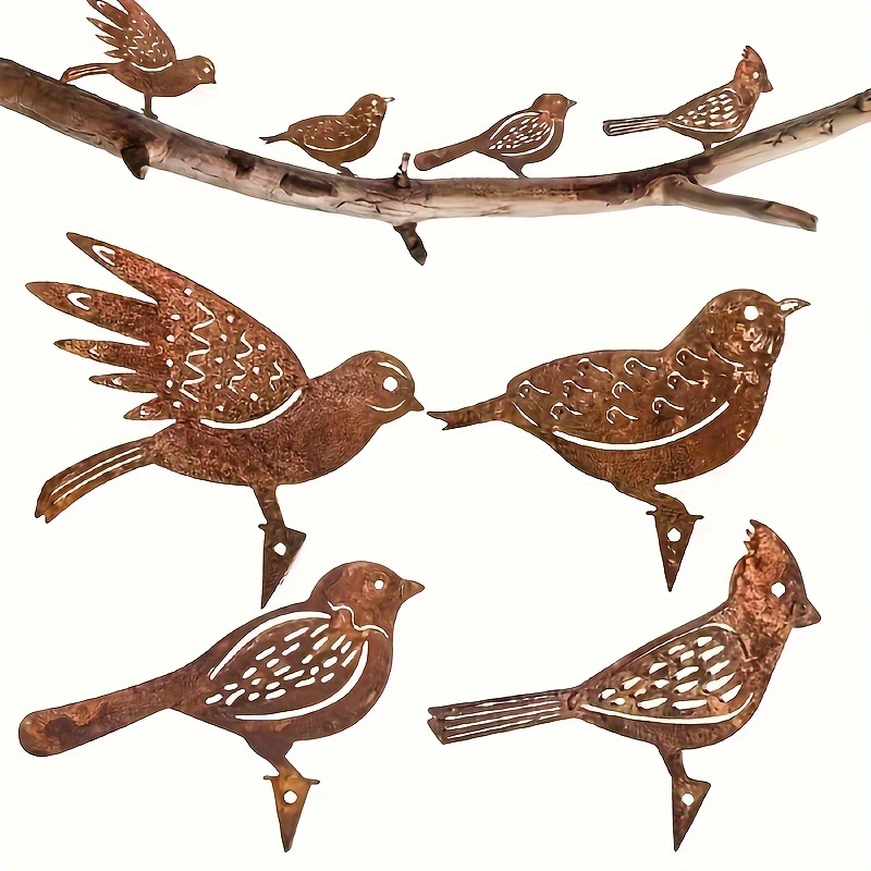 

Set, New Garden Stakes Yard Metal Iron Rust 4 Birds Decoration Protecting Outside Yard Craft Outdoor, Stakes Trees Inserts