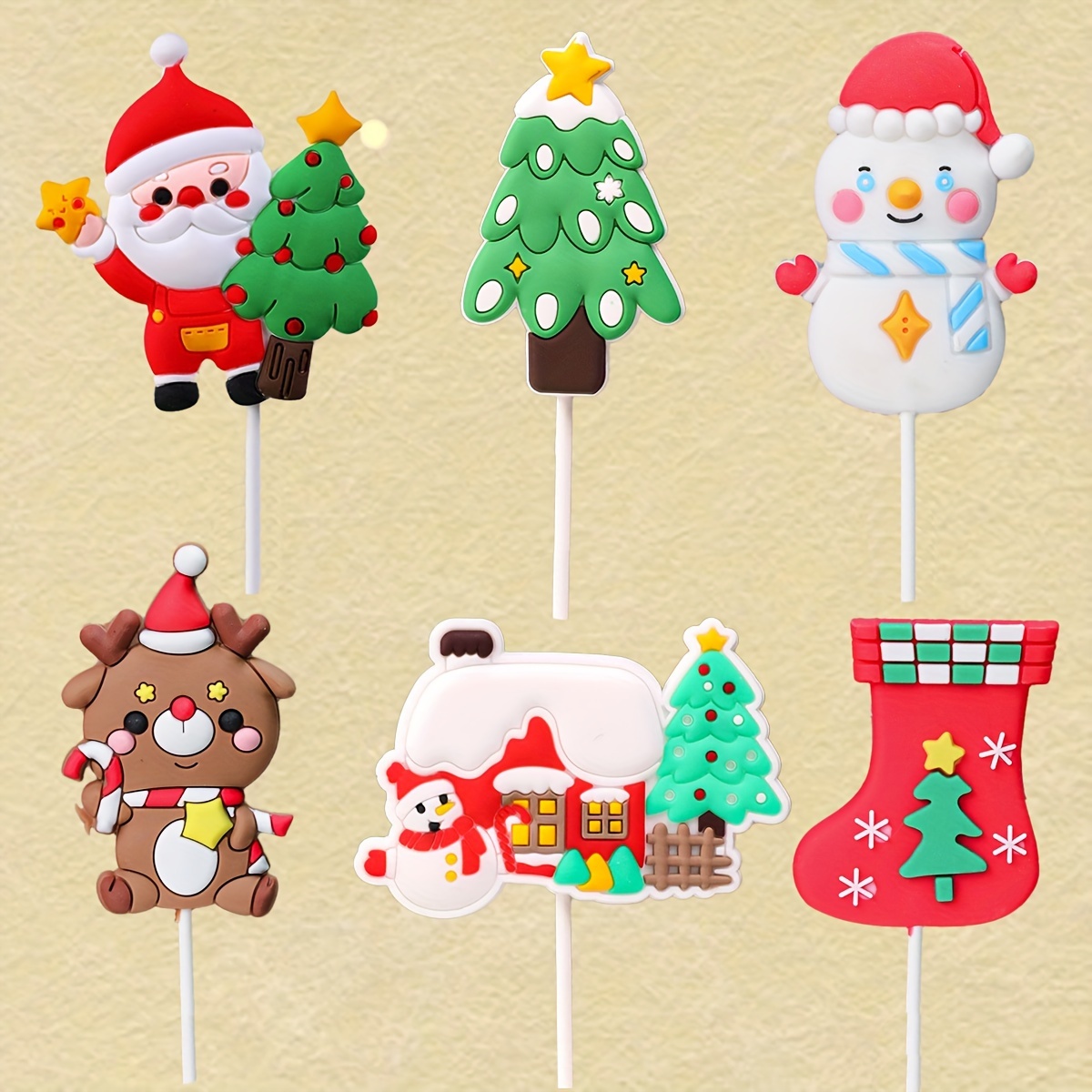 

6pcs Of Christmas-themed Soft Glue Cake Decorations, Suitable For Christmas Party, Christmas Dessert Table Cake Decorations, Baking Supplies