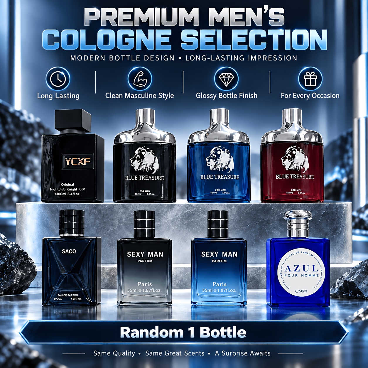 TEMU Men's , 1 Bottle At Random, Fresh , Marine, And Aromatic Notes; A Long-lasting, High-end Men's Fragrance Suitable For Casual Attire At The