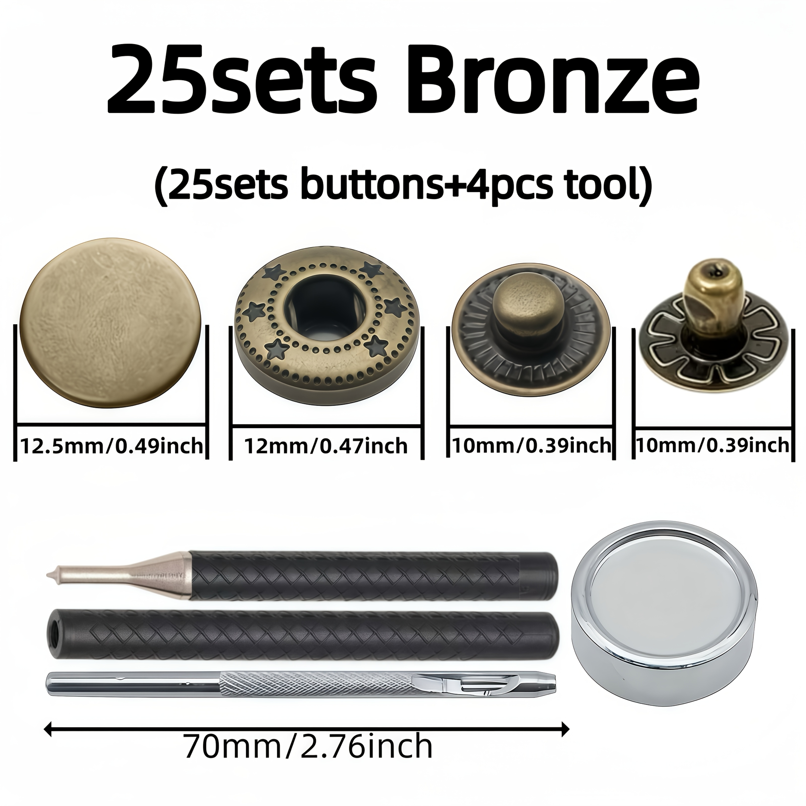 TEMU 25 Sets Of 633 Stainless Steel Metal Snap Buttons, 12.5mm, With Installation Tools, No-sew Four-part Snaps, Buttons For Jeans, Leather Jackets