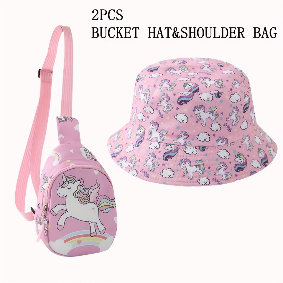 2pcs Girls' Pink Unicorn Print Fisherman Hat And Single Shoulder Bag Set Spring Summer Kids Outdoor Lightweight Sun Hat Beach Hat