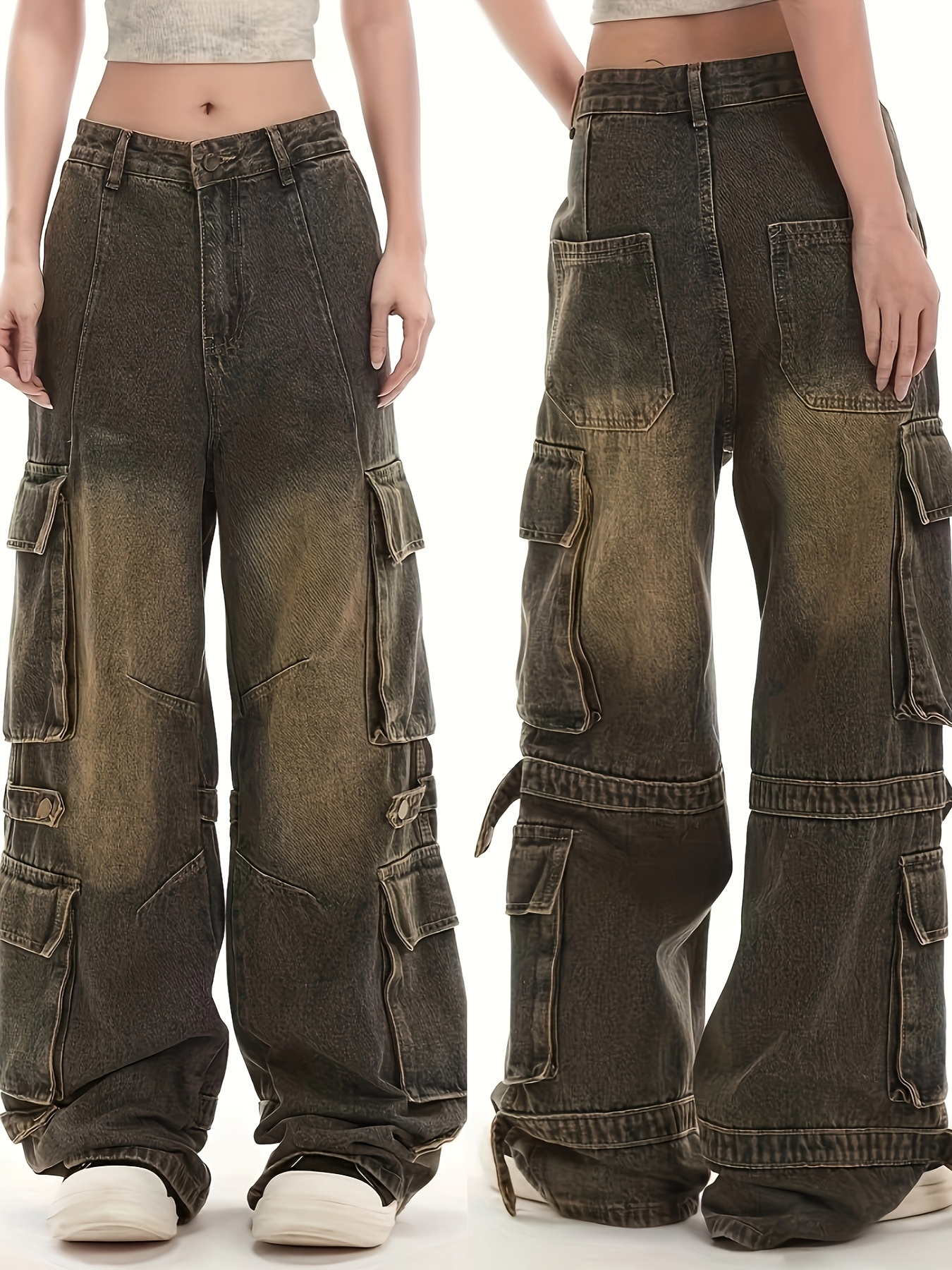 【Anyone more】Qua Cargo Denim Wide Pants Men's Cargo Denim Pants Loose Fit Hip Hop Baggy Jeans Casual