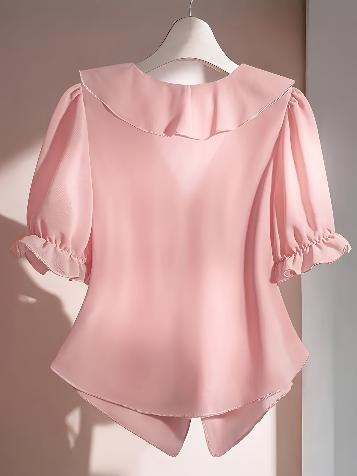 Elegant V-Neck Short-Sleeve Blouse with Ruffled Collar - Sheer Suitable for - Wear, Machine Washable Casual to Dressy