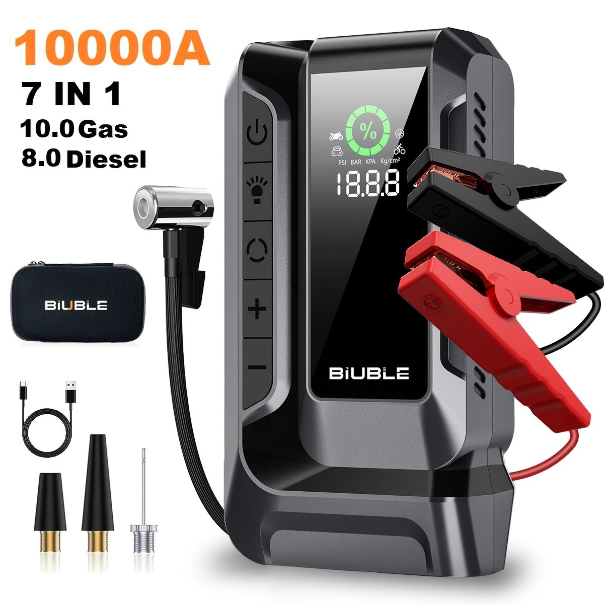 TEMU Biuble Portable Car Jump Starter With Digital Tire Inflator, Air Compressor, 3 Led Mode Lights, 25000mah Power Bank, 12v Battery Booster Charger