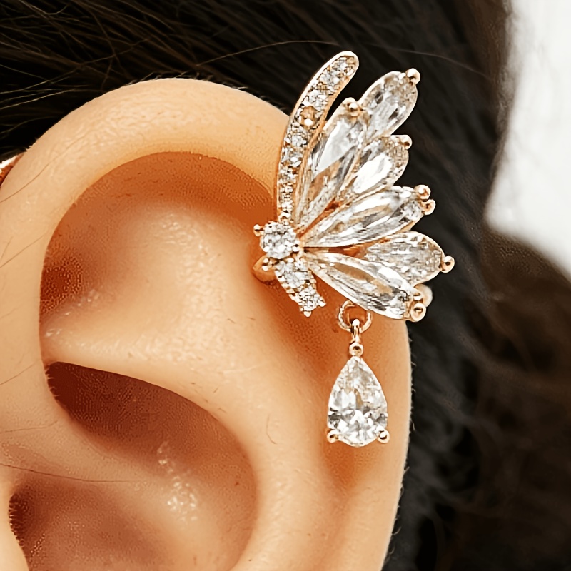 TEMU Single Micro-prong Cz Wing Ear Cuff For Women, In Golden Or Silvery, Niche Design Wing Non-piercing Ear Clip, Fashionable Non-pierced Copper Ear
