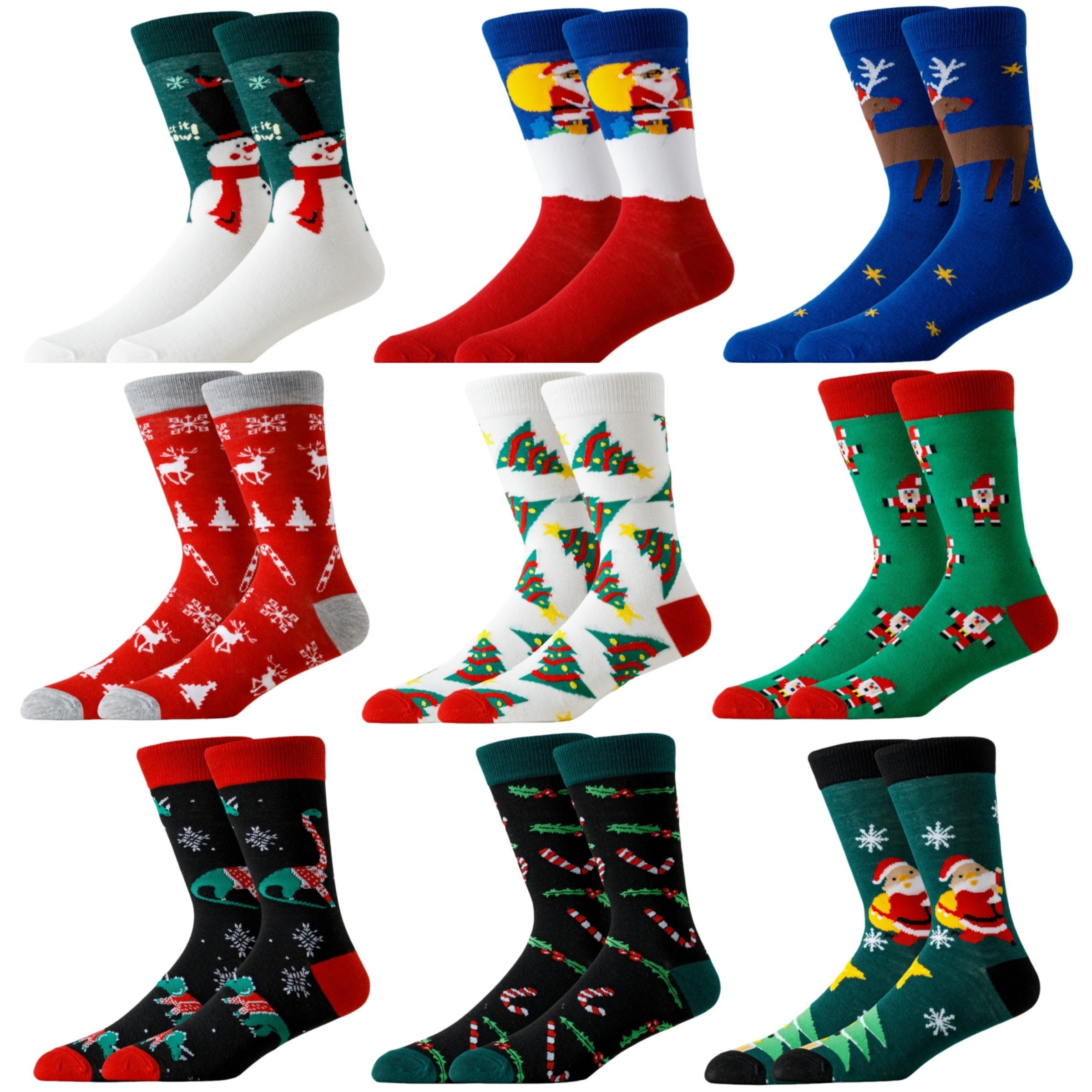 

9 Pairs Christmas Socks, Unisex Mid-calf Crew Socks, Vintage Style, Polyester With Spandex, Hand Wash Or , Christmas Pattern, Knit Fabric, Men', Socks For Women And Men