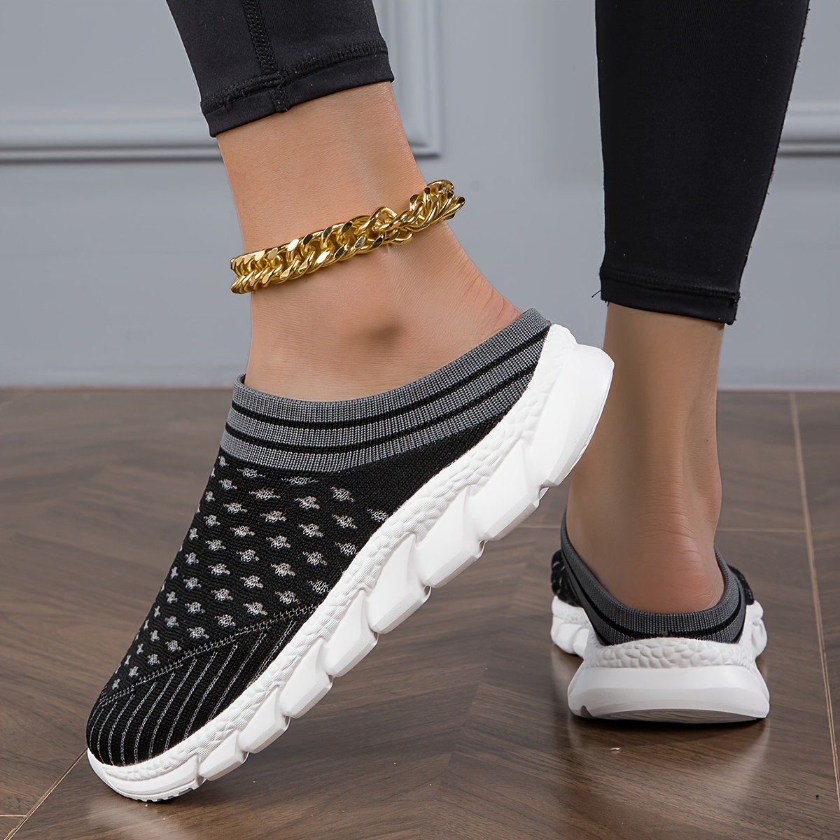 Women's Knitted Mule Sneakers, Casual Slip On Backless Slide Shoes,  Breathable Sports Shoes