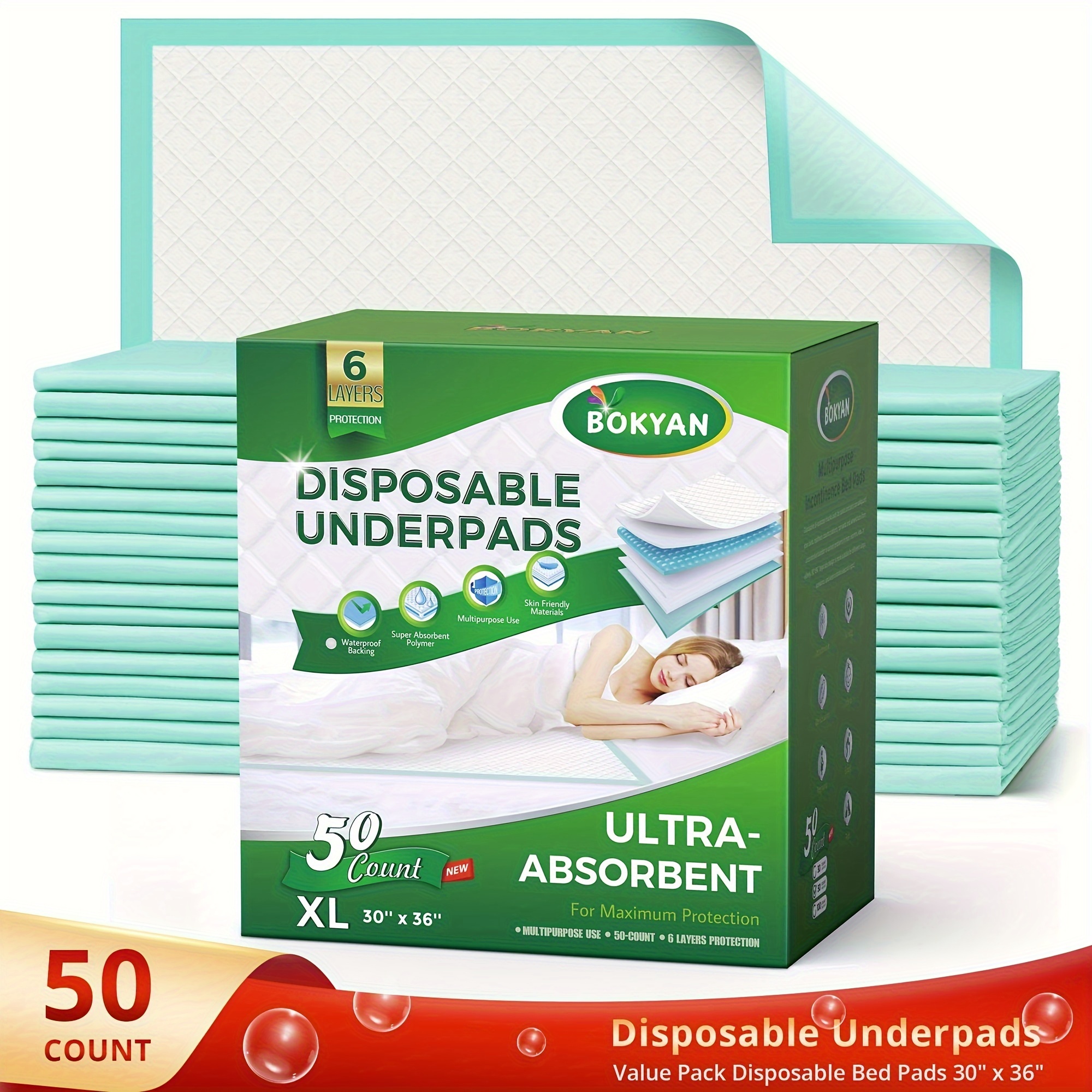 

50pcs Boykyan Ultra Absorbent Disposable Bed Pads, 30x36 Inch, Waterproof For Adults & Pets, Xl Heavy Absorbency Liners