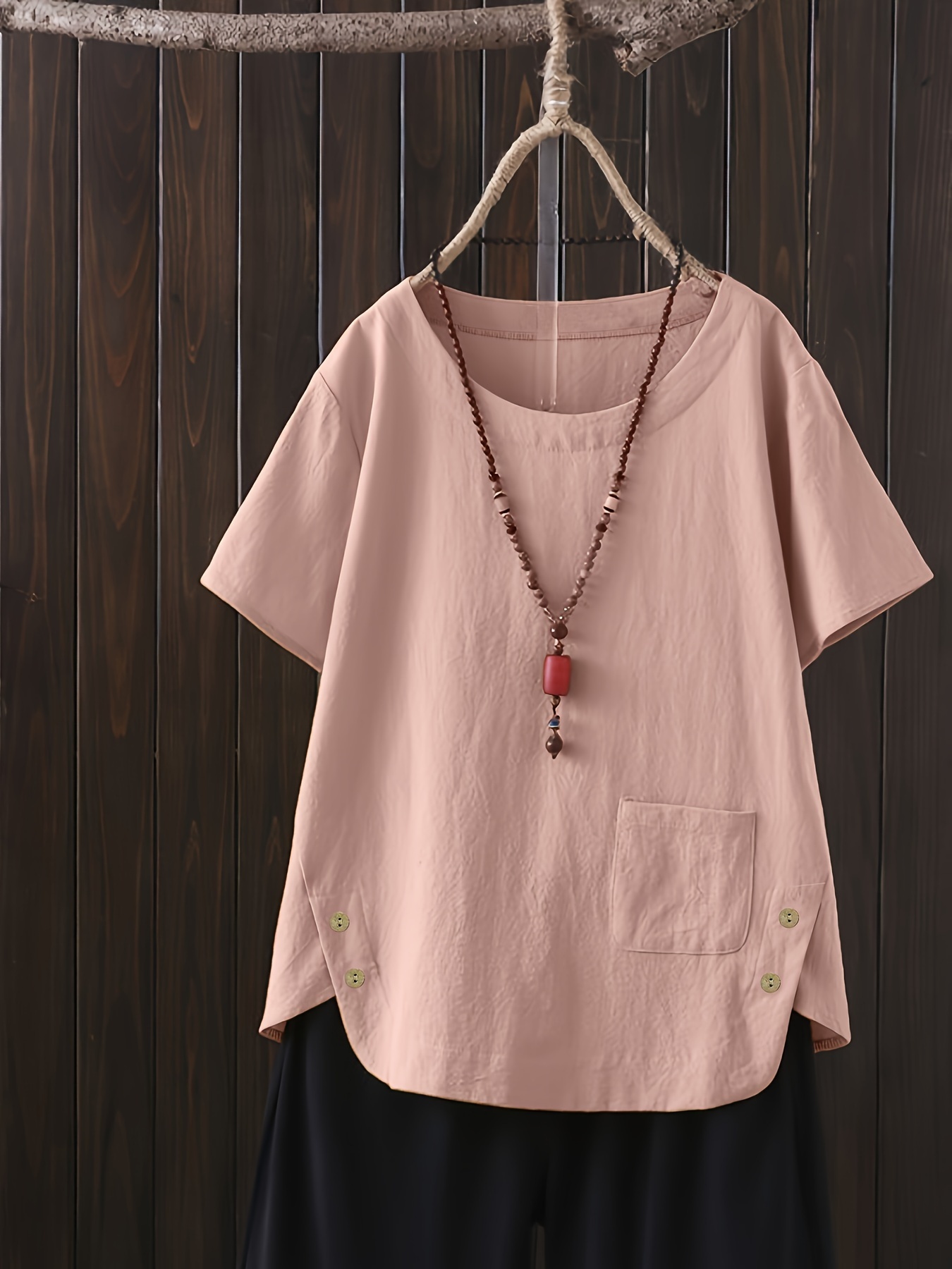 item picture plus size plus size womens casual short sleeve shirt breathable loose round neck top with chest pocket machine washable   casual wear accessories not included